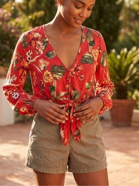 American Rag Red Floral Tie-Front Crop Top, NWT, S,